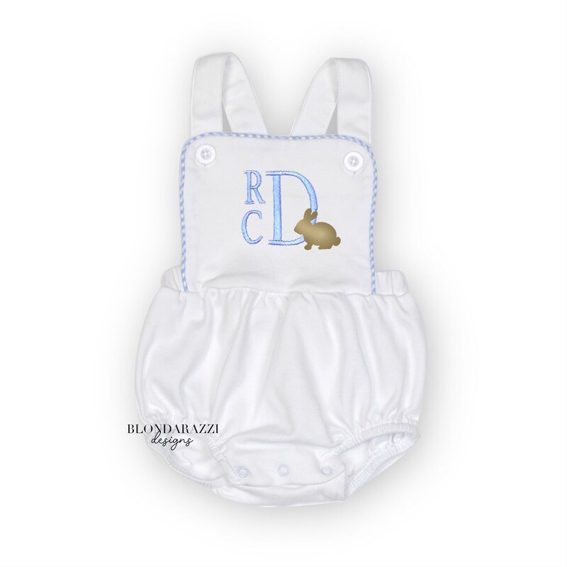 Baby boys easter sun bubble romper with embroidered stacked font monogram initials and bunny rabbit